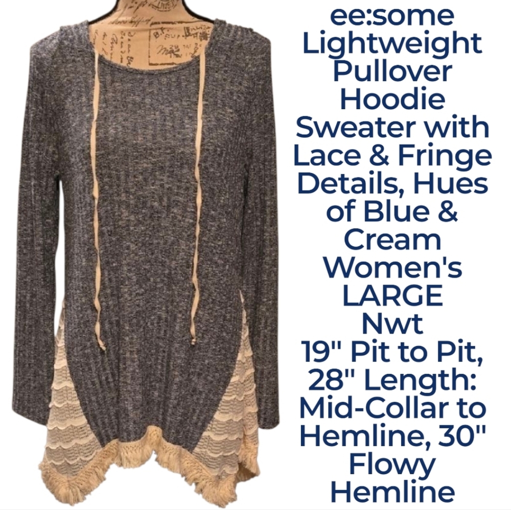 ee:some Women's LARGE Blue & Cream Knit Lace Trim Pullover Hoodie Sweater Nwt